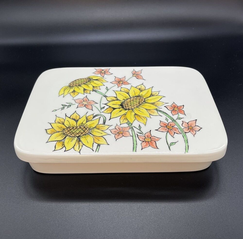 Sunflower Trinket Box Hand Painted Ceramic D4 10” x 7” x 1.75"